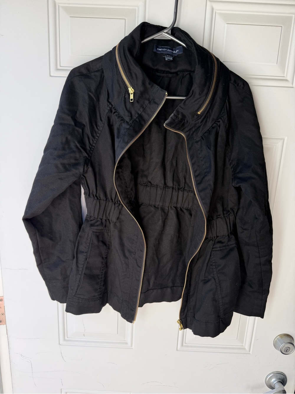French Connection Black Utility Jacket with Gold Zippers